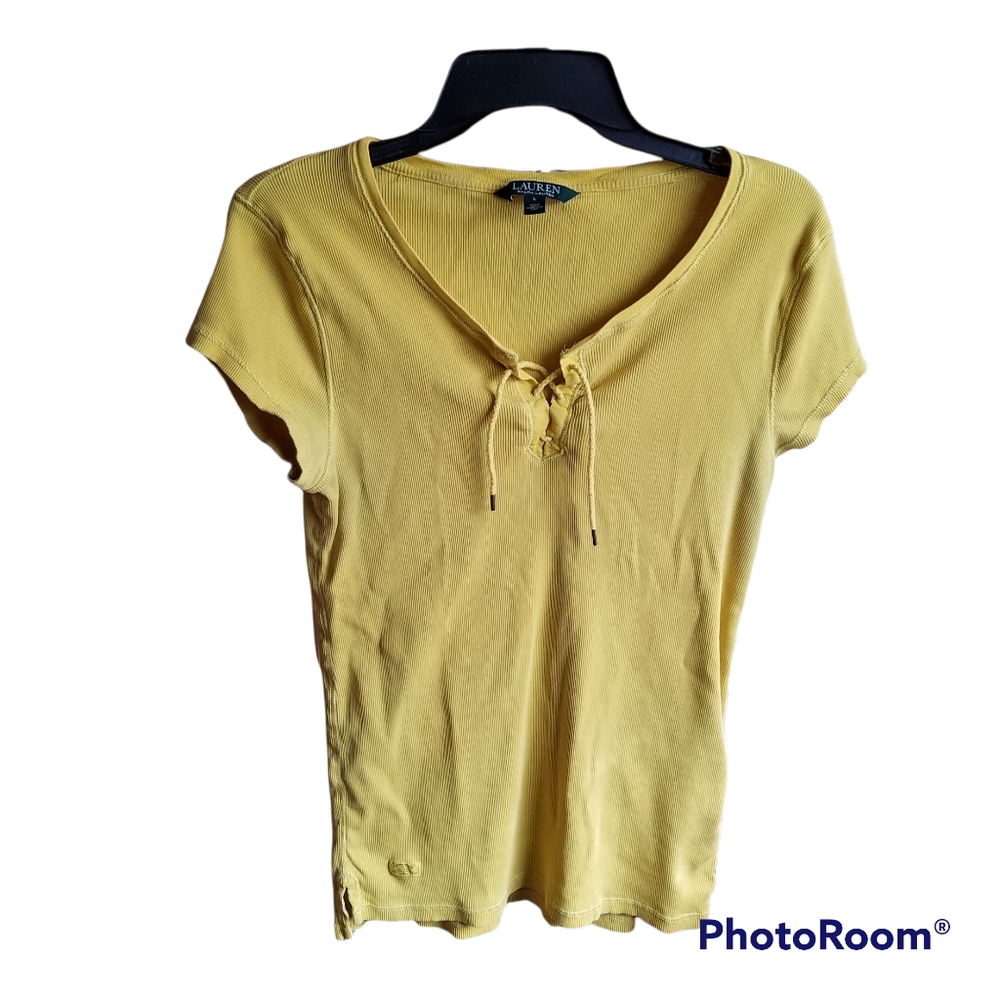 Lauren by Ralph Lauren Ribbed Capped sleeve lace front top_Size L